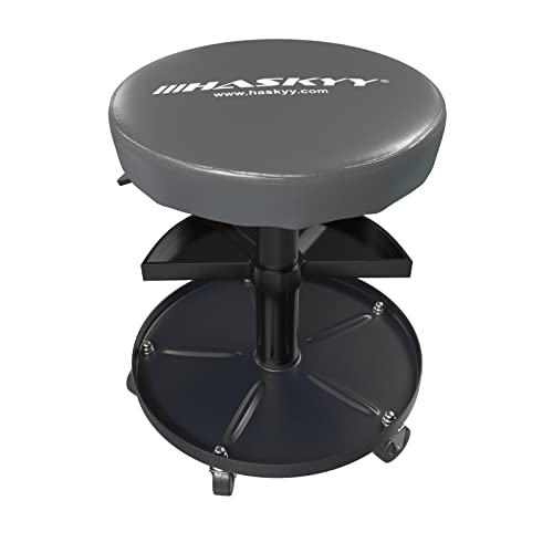 HASKYY Werkstatthocker Rollhocker | Höhe 430-580mm I Sitz Geleinlage | Werkstatt-Arbeits-Hocker-Stuhl-Sitz I 135kg | ø40 cm | 2 Ablagen I Grau
