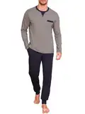 Winovia Herren Schlafanzug lang Sleepwear Pyjama Set Baumwolle Zweiteiliger Nightwear Set Nachtwäsche Langarm Hausanzug mit Rundhals Design, Langarm Shirt & Schlafanzughose Dunkelgrau XXL