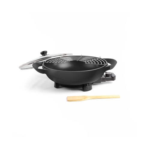 Livoo Elektrischer Wok DOC128A – Fassungsvermögen 4 l, 6 Personen, 1500 W, Ø 33 cm, verstellbare Thermostate, Bambuswender inklusive, Edelstahlrost