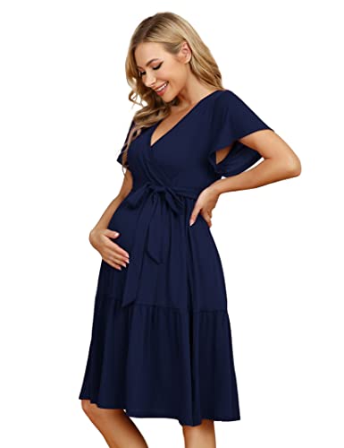 KOJOOIN Damen Umstandskleid V-Ausschnitt Stillkleid Casual Schwangerschafts Kleider mit Rüsche Dunkelblau1(Kurzarm) M