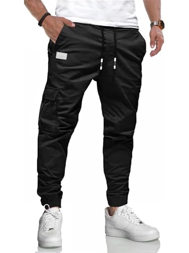 LIUPMWE Herren Hose Chino Cargo Hose Jogginghose Herren Baumwolle Casual Sweatpants Freizeithose Elastische Pants Taille mit Kordelzug Taschen,M,Schwarz-New