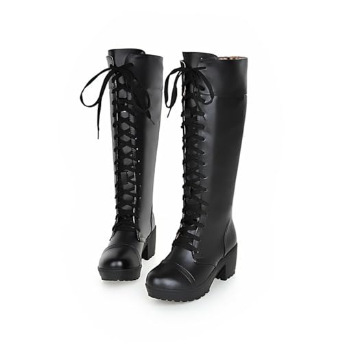 YhdtHSF 5CM Damen Hochhackige Stiefel Sexy Runde Zehe Klotzige Ferse Schnürung Hoher Absatz Mittlere Wadenstiefel,Schwarz,45 EU