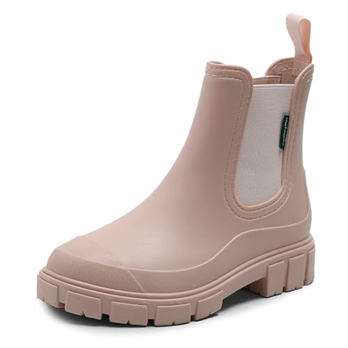 DRECAGE Gummistiefel Damen Wasserdicht Stiefel Damen Halbhoch Ankle Chelsea Boots Stylisch Stiefeletten mit Rutschfest Sohle Aprikose 40