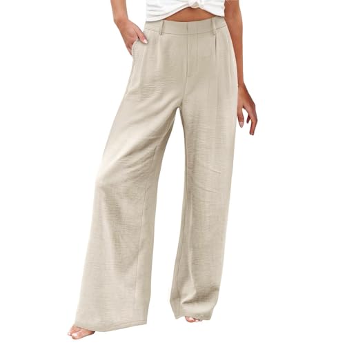 UNIQTA Leinenhose für Damen, Sommer, leger, Baggy-Hose, Übergröße, elastische Taille, Kordelzug, lockere Passform, Stretch, Strandhose, leicht, einfarbig, Baggy-Hose, beige, XXL