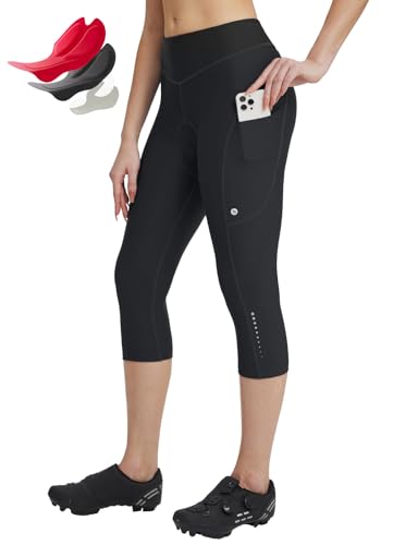 baleaf Damen Fahrradhose Lycra 4D Gepolstert Radfahren Caprihosen Hohe Taille Radfahren Fahrrad Polsterung Strumpfhose mit Taschen Schwarz M