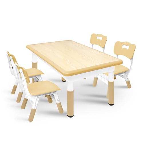 AufuN Kindertisch mit 4 Stühlen Set, Kindersitzgruppe Höhenverstellbar, Tisch Stuhl Set für Kindergarten und Kinderzimmer, Leicht Abwischbarer Maltisch für Klassenzimmer, Plastik Kindermöbel,Braun