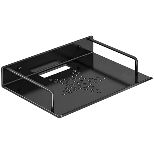 Wandmontiertes Projektorregal, schwarze Aluminiumhalterung, kein Bohren, rutschfeste Kante, Belüftungsdesign, hält bis zu 22 für Router und Streaming-Geräte