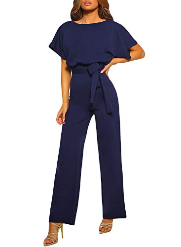 Dokotoo Damen Kurzarm Lang Jumpsuit Elegant Sommer Overall Jumpsuits O-Ausschnitt Playsuit Sommer Hosenanzug mit Gürtel Blau L