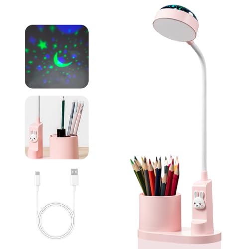 Kinder Schreibtischlampe mit Stifthalter, Niedliche LED Schreibtisch Tischlampe Tischleuchte Kinder Studienlampe mit Projektor,Nachttischlampe Tisch Kinderlampe Tischlampen Leselampe Nachttisch