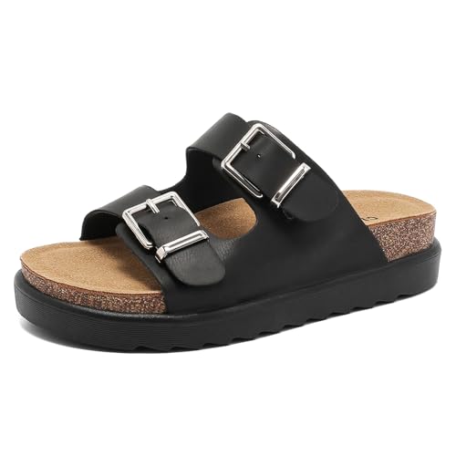 Pantoletten Damen mit Kork-Fußbett Bequeme Lässige Sandalen, Schlappen für Sommer mit Einstellbare Schnalle Rutschfest Hausschuhe mit EVA dicken Sohlen