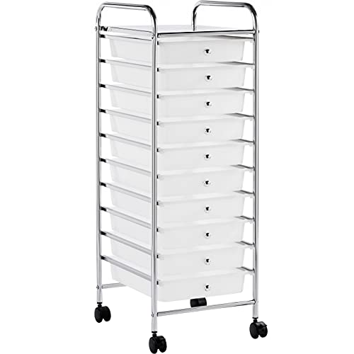 Yaheetech Badregal Rollwagen Rollcontainer mit 10 stapelbaren Schubladen und Metallgestell Badrollwagen mit Ablageflächen, 32 × 36,5 × 90,5 cm Weiß