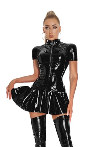 Freebily Damen Wetlook Minikleid Lackleder Kleid mit Reissverschluss Sexy Glänzend Lederimitat Partykleid Clubkleid Tanzkleid Gogo Rave Outfit Schwarz_A M