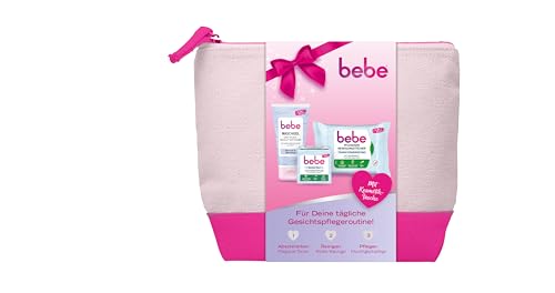 bebe Skincare Set, Pflegende Abschminktücher (25 Tücher), Waschgel (150 ml), Gesichtscreme (50 ml) & Kosmetiktasche, ideal für die tägliche Gesichtspflege & als Geschenkset