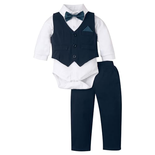 Agoky Baby Jungen Festlich Anzug Set Dreiteiler Gentleman Sakko Smoking Hemd Weste Hose Fliege Party Hochzeit Outfits Navy blau G 62-68