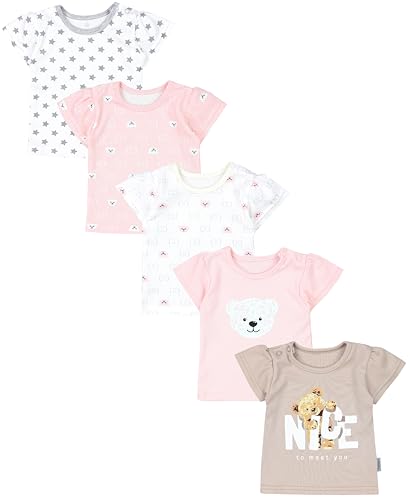 TupTam Baby Mädchen Kurzarm T-Shirt Gemustert Bunt 5er Set, Farbe: Bärchen Rosa Weiß Sterne Grau Nice Teddy Beige, Größe: 86