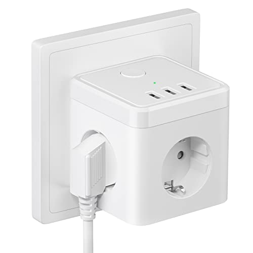 Steckdosenleiste Würfel mit USB, Steckdosen (2400W/10A) mit Schalter, Steckdosenadapter mit 3 USB (5V/3.1A) für Büro, Zuhause, Weiß