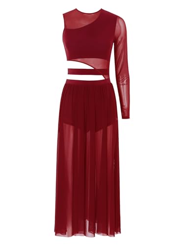 YOOJIA Damen Tanzkleid Eiskunstlauf Kleid Ballettanzug Lang Ballettkleid EIN Schulter Latein Rumba Tango Kleid Ballsaal Dancewear Burgundy S