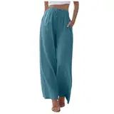 2025 - Palazzo-Hose Leinen mit hoher Taille weitem Bein für Damen, lässige Sommerhose mit Kordelzug, fließende Strandhose mit Taschen Schlafanzug Damen Kurzarm 3/4 Hose (Sky Blue, L)