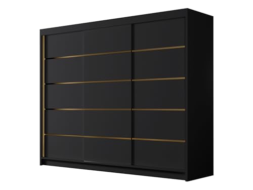 Mirjan24 Kleiderschrank mit Goldverzierung Aramao VII 250 cm Breit, Garderobenschrank, Schlafzimmerschrank mit Kleiderstange und Einlegeböden für Kleidung (Schwarz)