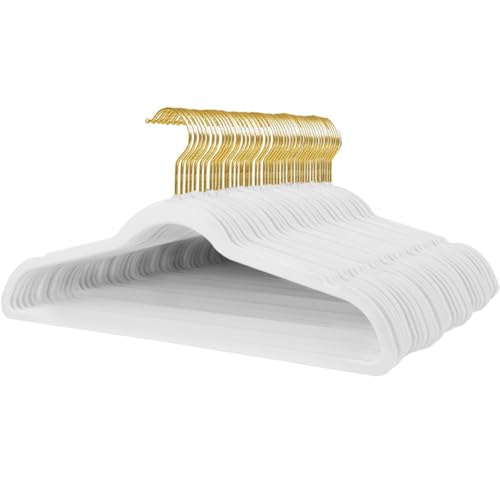 Stormix 52er-Pack Kleiderbügel aus Samt, 17,3 x 8,9 Zoll Kleiderbügel, rutschfeste Kleiderbügel mit Schulterkerben für Erwachsene Weiß (Goldhaken)