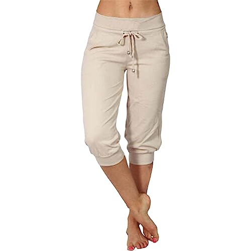 Lässige Hose für Damen, modische Hose, Sommer, leger, elastische Hose für Damen, modisch, lässig, modisch, Shorts, Hose, einfarbig, bedruckte Hose, beige, S