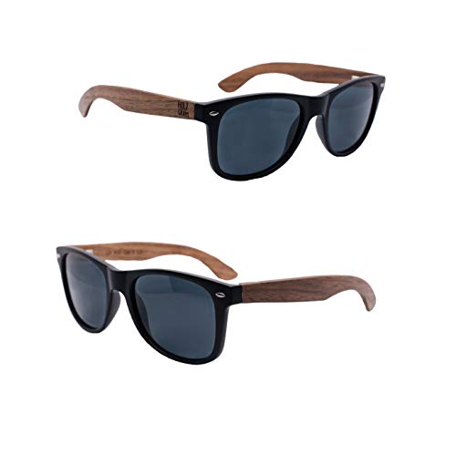 Holzwurm Sonnenbrille mit Holzbügeln aus Walnuss für Damen & Herren/Polarisierende Brillengläser mit UV400-Schutz/mit Brillenetui aus echtem Bambus