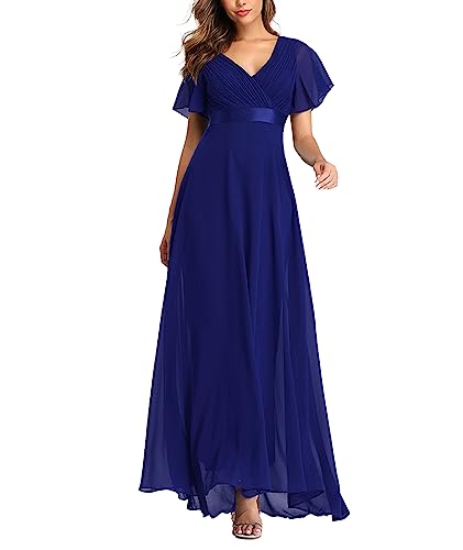 ECDAHICC Damen Abendkleider Gürtel V-Ausschnitt Hohe Taille A-Linie Chiffon Brautjungfernkleid Elegant Lang Ballkleid(BE,L)