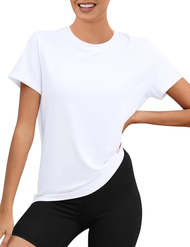 Rapbin Sport Shirt für Damen Sportshirt Kurzarm Funktionsshirt Gym Oberteil Laufshirt(Weiß,M)