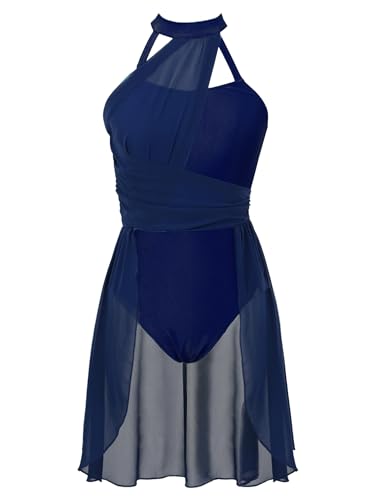 Jowowha Damen Ballettkleid Neckholder Eiskunstlauf Kleid Ballettanzug mit Asymmetrisch Rock Ballett Trikot Tanzbody Modern Lyrisch Tanzkleid Marine Blau S
