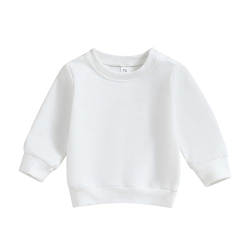 ESSECMBS Kleinkind Baby Jungen Daliy Sweatshirt Kleidung Langarm Rundhalsausschnitt Einfarbig Oberteile Kleiner Junge Frühling Herbst Baumwolle Hemd Kleidung (Weiß, 0-6 Months)