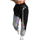 EGSDMNVSQ Damen Sporthosen Jogginghose Lässige Loose mit Taschen Aufdruck High Waist Trainingshose für Frauen Elastizität Sonne Mond Drucken Baggy Sweathose