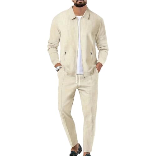 Veriliss Herren 2-Teilige Waffel Soft Hoodies Sweatsuit Sets Male Trainingsanzug-Sets Mit Durchgehendem Reißverschluss, Trendige Jacke Anzug Business Outfits(Aprikose,M)