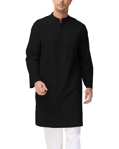 LVCBL Kaftan Herren Leinen Thobe Herren Langarm Stehkragen Robes mit Taschen Schwarz 3XL