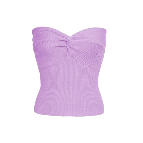 DGCUPODE Frauen Twist Knot Front Tube Tops Trägerloses Sommer-Pullover-Strick-Bandeau Ärmelloses Geripptes Y2K-Korsett-Crop-Top (Lila,XL)