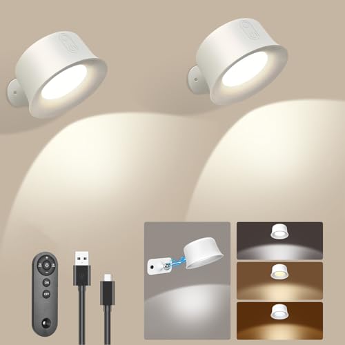 Yulado Led Wandleuchte Kabellos 2 Stück Mit Fernbedienung, Wandbeleuchtung Leselampe Usb-Anschluss, 3 Beleuchtungstemperaturen, 360° Drehung, Kabellose Leuchten Für Schlafzimmer Und Nachttisch, Weiß