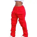 Lounge Slim Fit Cargohose FüR Damen Cargotaschen Klassische Entspannte Outdoor-Hose Elastische Taille, Jogginghose Mit Mehreren Taschen (L,Rot)