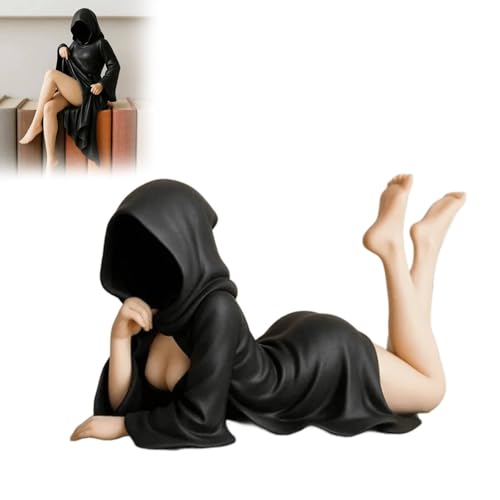CQSVUJ Mysteriöse Statue, 3D-Skulptur eines mysteriösen Bücherregals, Tischfigur mit gotischem Schwarzmantel, Skulptur Einer Frau mit Kapuze, Gruselige Dekoration, Bücherregal-Dekoration (#C)