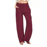 Damen Hosen Sommer Leinen Breite Hosen Taille Lange Kordelzug Casual Leinen Elastische Frauen Bein Solide Baumwolle Hosen Hosen Damen Locker Weit Lässig Große Größen Bequeme Hosen Damen (Wine, S)