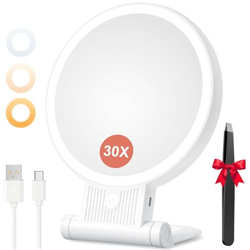 Auxmir Kosmetikspiegel mit Beleuchtung, 30X/1X Doppelseitig Schminkspiegel mit Licht, Dimmbar Tischspiegel, 3 Farblichter, 2000 mAh, Faltbar Vergrößerungsspiegel für Zuhause Reise Kosmetik