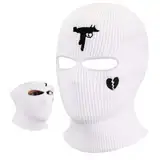 BBTO Gestrickte Skimaske Winter Sturmmaske Ski Sturmhaube mit 2 Löchern Ski Gesichtsabdeckung für Draußen Outdoorsports Radfahren Snowboarden Radfahren Motorradfahren(Weiß,Waffe und Herz Gebrochen)