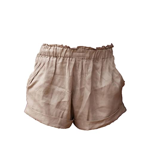 Generic Leichte Paperbag-Shorts FüR Damen Mit RüSchen Taillierte Bequeme Leinen-Shorts Mit Taschen Elastische Taillierte Sport-Shorts Mit Taschen (XL,Aprikose)