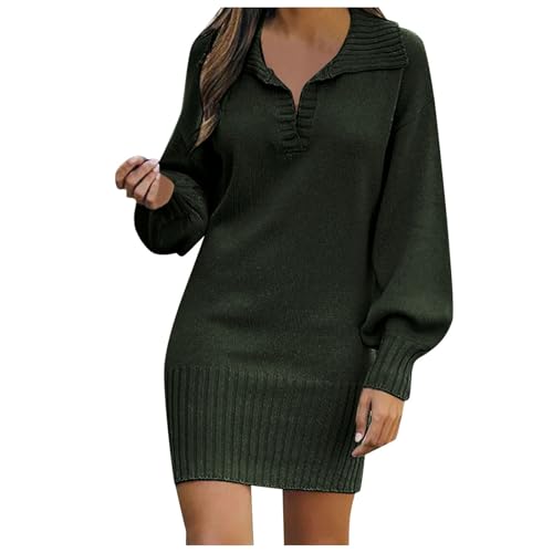 Strickkleid Damen Winter Langarm Strickkleid Revers Herbstkleid Elegant Strickpullover Kleid Einfarbiges Pulloverkleid Weiches Sweater Dress Leichte Tunikakleid Winter Longpulli Freizeitkleid