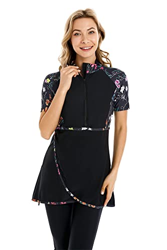 ShuoBeiter Kurzarm-Badeanzug Bescheidene Badebekleidung für Frauen Bescheidener Badeanzug Rash Guard Surfanzug Beachwear Burkini (M, S2)
