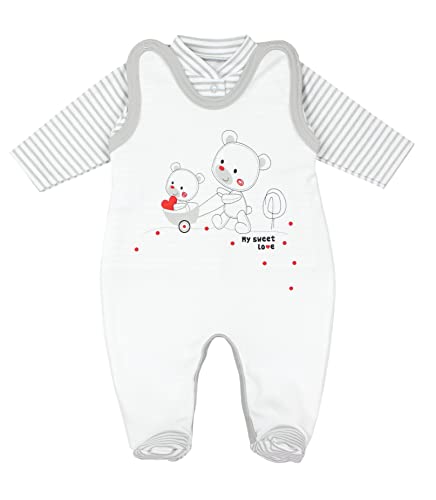 TupTam Baby Mädchen Jungen Strampler mit Langarmshirt Aufdruck Spruch 2 teilig, Farbe: Streifenmuster Grau/Bärchen Herz, Größe: 62