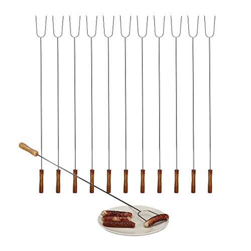 Relaxdays Grillspieße, 6er Set, Holzgriff, Sicherer Abstand, Lagerfeuer, Universal, 80 cm lang, Edelstahl, Silber/Natur