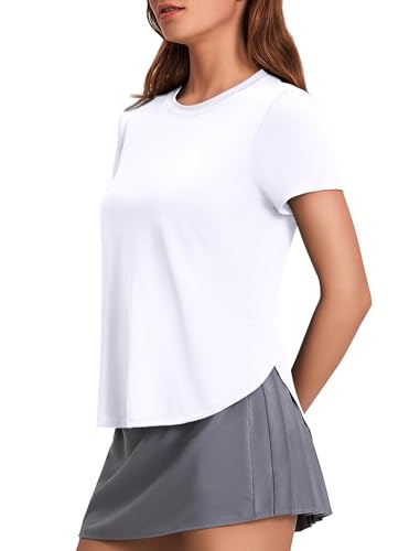 PINSPARK Damen Sportshirt Schnelltrocknend Fitness Kurzarm Sport Top Frühling Outdoor Golf Yoga Funktionsshirt Lässig Stretch Seite Split T-Shirts Weiß m