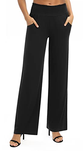 EXCHIC Damen Leichtgewicht Elastisch Hohe Taille Hose Casual Weite Bein Dehnbar Lounge Hosen mit Taschen (XL, Schwarz)