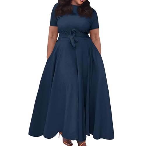 Sommerkleid Damen Lang Elegant Abendkleid Große Größen Kleider Für Mollige Frauen Festlich Maxikleid Damen Sommer Kurzarm A Linie Kleid mit Gürtel Sommerkleider Leicht Und Luftig