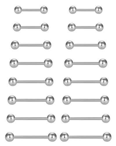 ZAMXHUG Barbells - 16 pcs Brustwarzenpiercing Zungenpiercing 14G Chirurgenstahl Straight Barbells Zungenring Nippel Shield Ring Piercing Schmuck Stab,8 Größen,Geeignet für Männer und Frauen