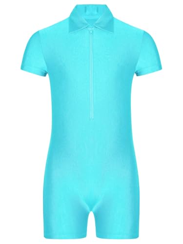 TiaoBug Jungen Sport Body Kurzarm Turnanzug Gymnastikanzug mit Kentkragen Reisverschluss Tanz Leotard mit Bein Einteiler Tanzbekleidung Blau Grün 158-164